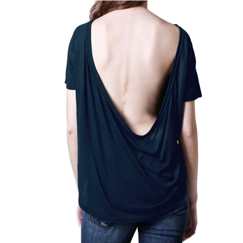 NWT OAK NYC Women's Deep Cowl Tee Cotton sz M Navy Slouchy Beachy Casual Boho